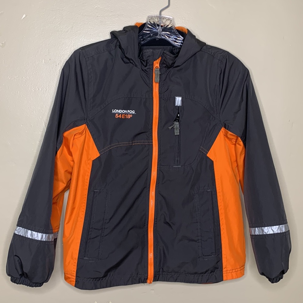 LONDON FOG Jacket Gray Orange Zip Front Zip Pockets Hood Boys Medium 10-12